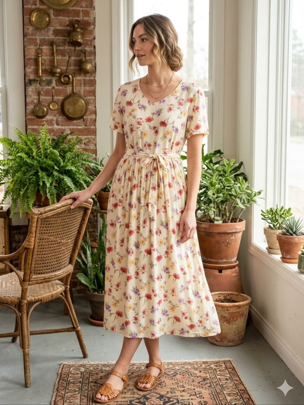 Vintage 90s Karin Stevens Cream Floral Midi Dress Cottagecore Romantic Summer 10